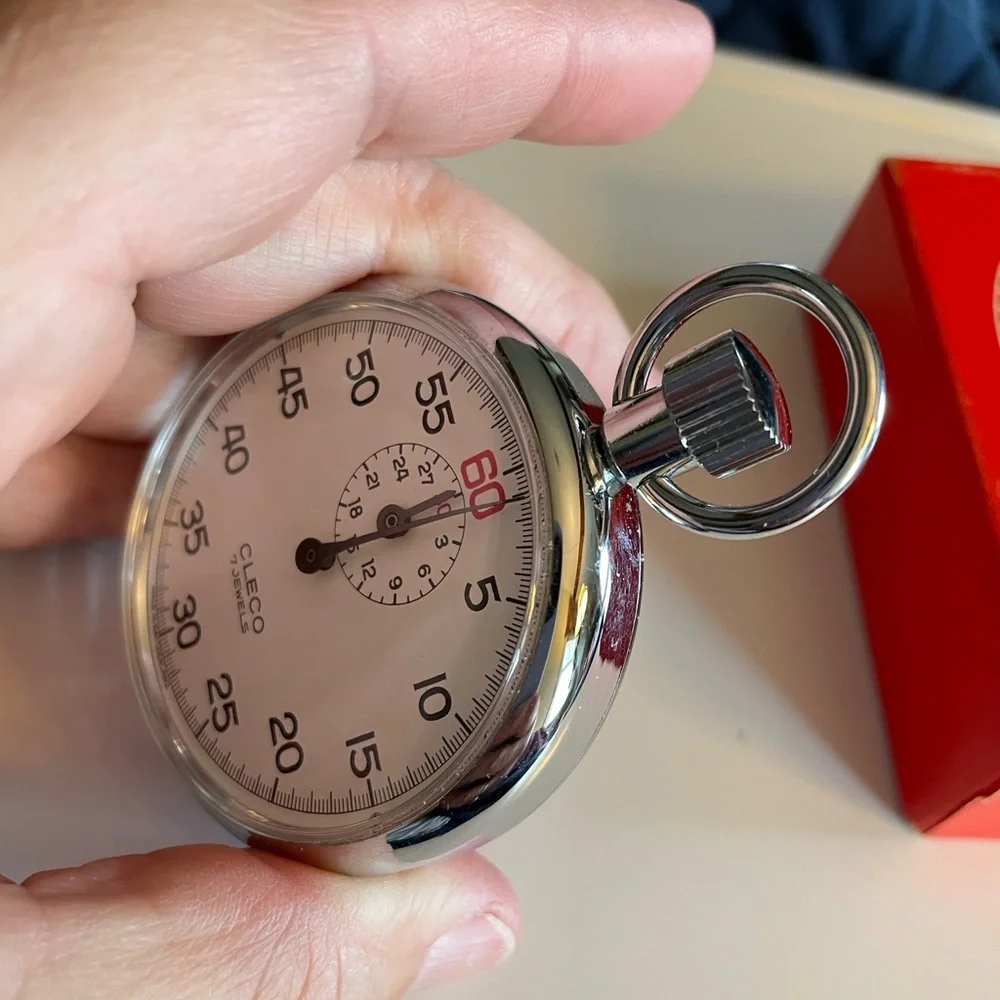 VTG Cleco Silver Stopwatch by Clebar Watch Co New York in original box.